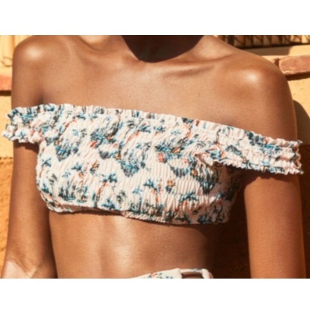 Agua Bendita‎ Celia Pavana Palm Print Smocked Off Shoulder Swim Top S